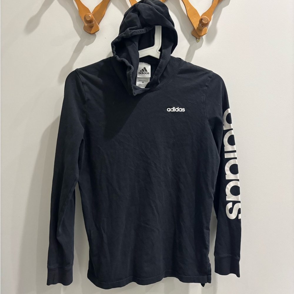 Adidas Black Long Sleeve Hooded Tee with White Logo